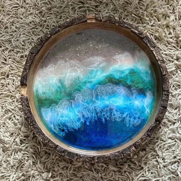 Decorative Wood Round Homemade Beach Resin Serving Plate - Picture 2 of 7